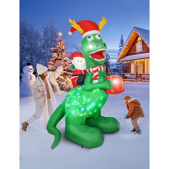 🆕8ft Christmas Inflatable Santa Riding Dinosaur Holding Gift Outdoor Decoration - Picture 9 of 9